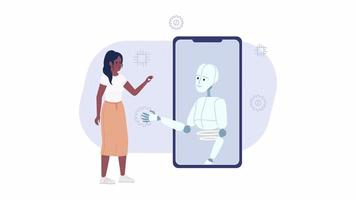 Animated AI assistant on phone. Perform daily tasks. Communicating with chatbot. 2D cartoon flat character 4K video footage on white with alpha channel transparency. Concept animation for web design