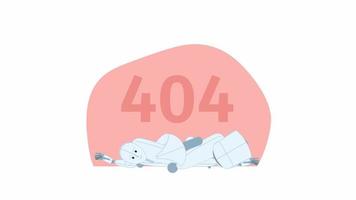 animiert gebrochen Roboter 404 Fehler. leeren Zustand 4k Video Aufnahmen mit Alpha Kanal Transparenz. defekt Maschine. Blitz Botschaft. Farbe gescheitert Wird geladen Animation zum gebrochen Verknüpfung, Netz Design