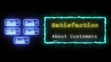 satisfaction about customers Neon yellow-white Fluorescent Text Animation green frame on black background video