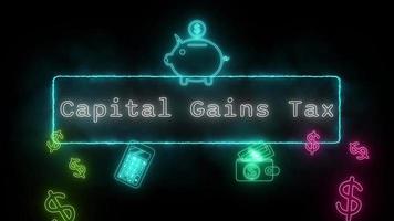 capital gains tax Neon white Fluorescent Text Animation blue frame on black background video