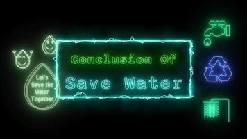 conclusion of save water Neon green Fluorescent Text Animation green frame on black background video