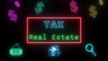 Real estate tax Neon blue-green Fluorescent Text Animation red frame on black background video