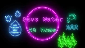 Salva acqua a casa neon rosa-verde fluorescente testo animazione rosa telaio su nero sfondo video