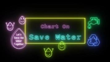 Diagram på spara vatten neon rosa-grön fluorescerande text animering gul ram på svart bakgrund video