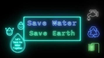 Save Water Save Earth Neon blue-green Fluorescent Text Animation green frame on black background video