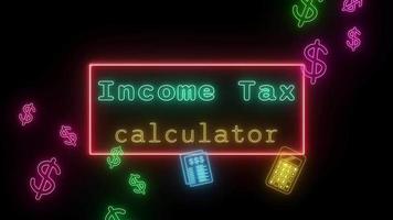 ingresos impuesto calculadora neón verde amarillo fluorescente texto animación rosado marco en negro antecedentes video