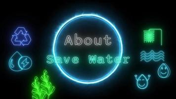 about save water Neon white-green Fluorescent Text Animation blue frame on black background video