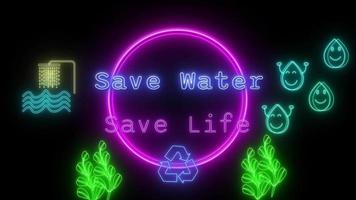 Salva acqua Salva vita neon blu-rosa fluorescente testo animazione rosa telaio su nero sfondo video