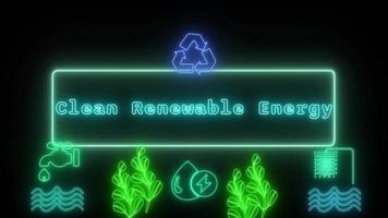 rena förnybar energi neon grön fluorescerande text animering grön ram på svart bakgrund video