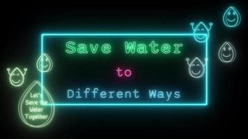 different ways to save water Neon green-blue Fluorescent Text Animation blue frame on black background video