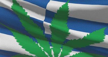 Greece national flag with cannabis leaf. Legal status of medical marijuana in country. Government and THC. Social issue, politics, criminal and law news about weed