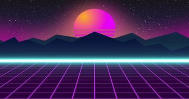 Synthwave, retrowave or vaporwave neon background animation. Sun and mountain, purple grid moving. 80s videogame video