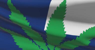 Finland national flag with cannabis leaf. Legal status of medical marijuana in country. Government and THC. Social issue, politics, criminal and law news about weed video