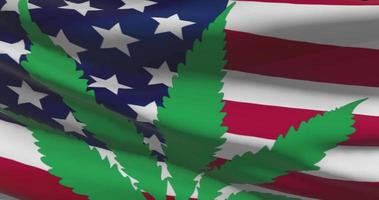 USA national flag with cannabis leaf. Legal status of medical marijuana in country. Government and THC. Social issue, politics, criminal and law news about weed