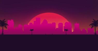 retrowave roxa fundo. retro anos 80 sintetizador Projeto estilo. Palma árvores e vermelho Sol video