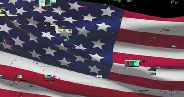 USA national flag with digital glitch. Cyber attack and hacking concept. United States government and cyber crime video