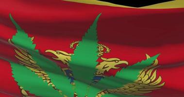 Montenegro national flag with cannabis leaf. Legal status of medical marijuana in country. Government and THC. Social issue, politics, criminal and law news about weed