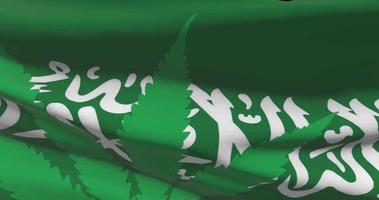 Saudi Arabia national flag with cannabis leaf. Legal status of medical marijuana in country. Government and THC. Social issue, politics, criminal and law news about weed video