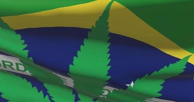 Brazil national flag with cannabis leaf. Legal status of medical marijuana in country. Government and THC. Social issue, politics, criminal and law news about weed video