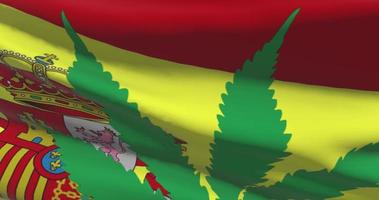 Spain national flag with cannabis leaf. Legal status of medical marijuana in country. Government and THC. Social issue, politics, criminal and law news about weed video