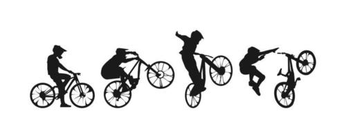 conjunto de siluetas de bmx motorista, cuesta abajo, ciclistas con diferente posición, gesto, pose. condujo, saltó, estilo libre, cayó. extremo deporte, bicicleta, vehículo concepto. vector