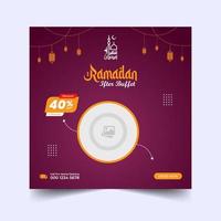 Ramadan Buffet Iftar Social Media Post Banner. Ramadan Theme Food Delivery Square Banner with Lantern. Good used for Food Social Media Post. Ramadan Kareem special food menu social media post banner vector