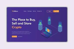 Cryptocurrency exchange isometric landing page design. isometric cryptocurrency mining illustration. blockchain technology illustration. Digital money mining, computer screen illustration vector