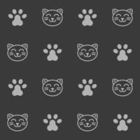Cute kitten with paw seamless pattern in dark theme. Perfect for kids, ornament, interior walls, wrap, wallpaper, background. Cat, kitten, paw, footprint vector pattern. Pro vector pattern.