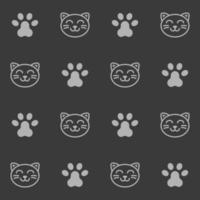 Cute kitten with paw seamless pattern in dark theme. Perfect for kids, ornament, interior walls, wrap, wallpaper, background. Cat, kitten, paw, footprint vector pattern. Pro vector pattern.