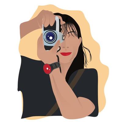 Girl taking picture or aiming for picture with digital camera holding in hand vector character illustration. Flat vector style.
