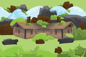 Wooden log houses and green nature, ice mountain, hills, rocks theme vector illustration beautiful background.