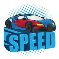 Blue car design and 'Speed' 3d text art vector illustration logo design for multipurpose use.