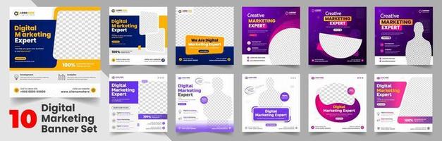 Big bundle mega collection set of 10 Item digital marketing social media post banner template. clean minimal editable square digital marketing web banner or business marketing post banner big set. vector