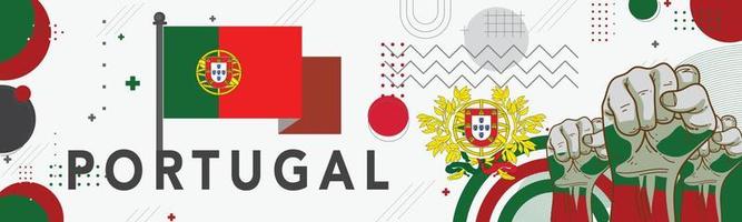 Portugal national day banner design. Portuguese flag and map theme with Lisbon landmarks background. Abstract geometric retro shapes of red and green color. Vector illustration. Portuguesa.