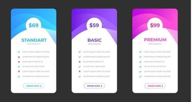 pricing plans table and pricing chart Price list  for web or app. Ui UX pricing design tables with tariffs, subscription features checklist and business plans. Product Comparison business web plans. vector