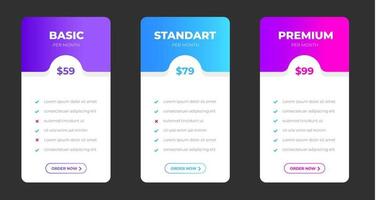 pricing plans table and pricing chart Price list  for web or app. Ui UX pricing design tables with tariffs, subscription features checklist and business plans. Product Comparison business web plans. vector