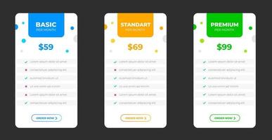 Ui UX pricing design tables with tariffs, subscription features checklist and business plans. pricing plans table and pricing chart Price list for web or app. Product Comparison business web plans. vector