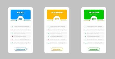 Ui UX pricing design tables with tariffs, subscription features checklist and business plans. pricing plans table and pricing chart Price list for web or app. Product Comparison business web plans. vector