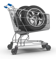 Car tires in shopping cart with shadow 3d render png