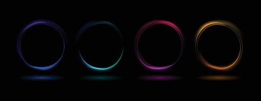 Colorful glowing dynamic waves in circle shape with reflection isolated on black background. Abstract vector illustration of neon round frames. Luminous portal. Freezelight.