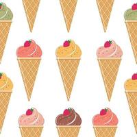 Seamless pattern of ice cream in a waffle cone. Vector illustration isolated on a white background