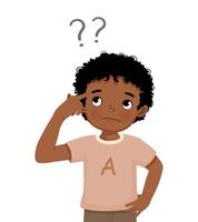 cute little African boy thinking with eyes looking up to find solution of problems vector