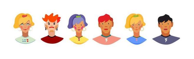 Six teenage characters with different hairstyles, skin color. Bright, cartoon portraits.Icons of people, flat style. Cute faces of children. Multicolored hair. Stylish, beautiful characters. Avatars vector