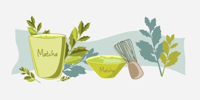 Matcha tea set.Vector flat illustration.Gentle green color vector