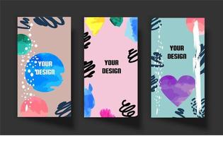 Design 3 backgrounds for social networks in cartoon style. Fashionable editable template for social media stories, letterhead, vector illustration.Crosses, hearts, lines on the background.Funny