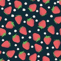 Strawberry with leaves and flowers vector pattern background. Fruit illustration isolated on dark background. Seamless background with red strawberries for wrapping paper, wallpaper