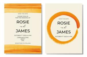 Abstract minimalistic watercolor autumn wedding invitation cards template design, orange brush stroke with frame on light beige background, colorful modern theme vector