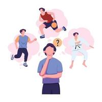 Man thinks, makes choice from different workout options, jogging, swimming, cycling. Flat graphic vector illustrations isolated on white background