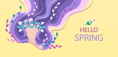 Hello spring paper cut banner. Stylized Womens portrait with wavy hair, woman face, flowers and leaves. Vector illustration.