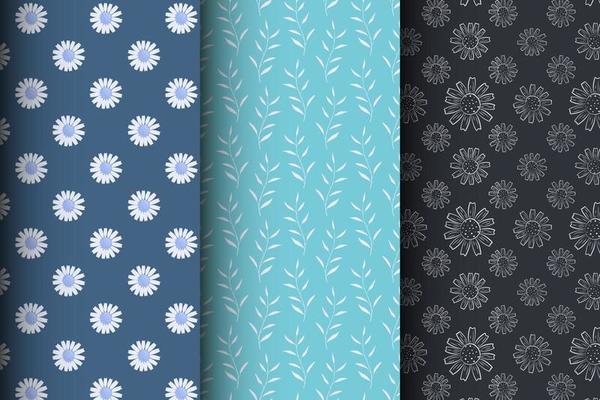 Set of simple floral seamless patterns on a dark background, luxurious patterns with flowers